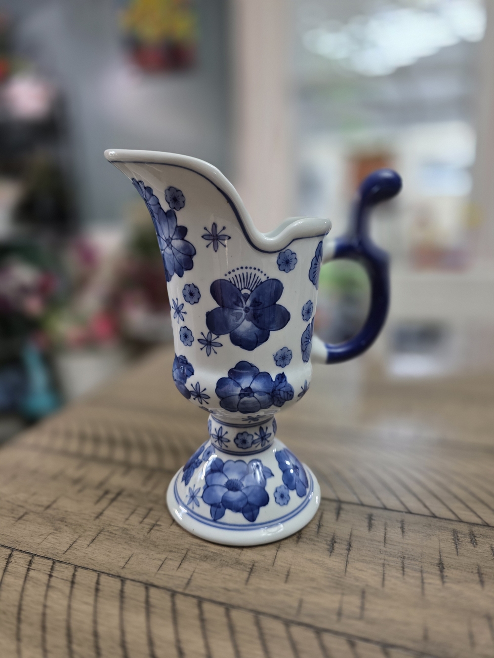 Blue Floral Ceramic Pitcher - Elegant Home Art Accent